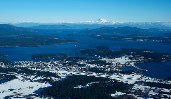 Snowy Friday Harbor with Mt. Baker