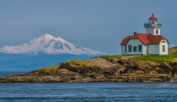 Patos Island Lighthouse with Mount Baker and a Bald Eagle
