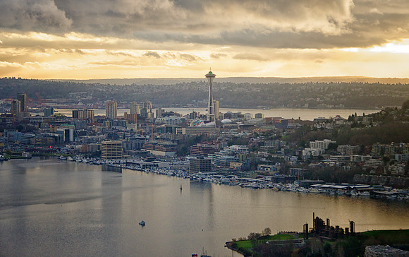 Late Afternoon Space Needle from above Lake Union