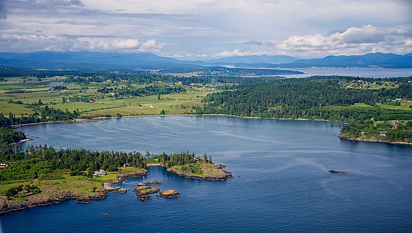 Low and wide perspective of False Bay on San Juan Island.