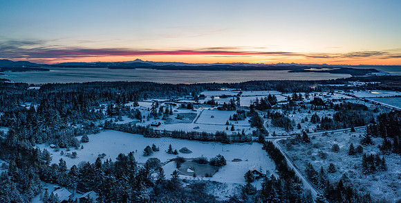 Snowy Sunrise Aerial over San Juan Island