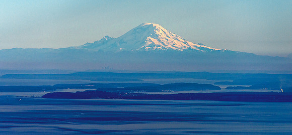 Mount Rainier, Seattle, and Port Townsend from above the San Juan Islands