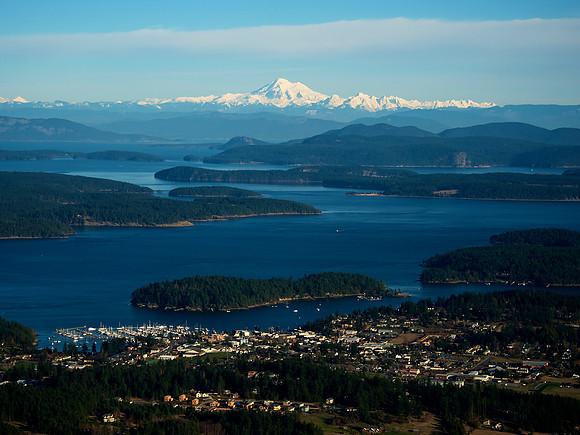 Flying over Friday Harbor with Mt. Baker in the Background.